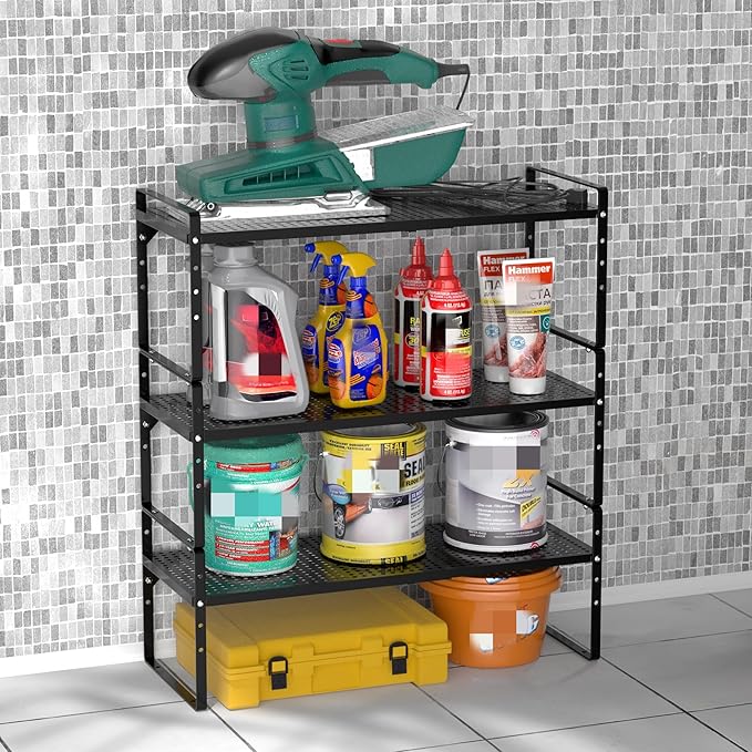 Redrubbit Large Expandable Cabinet Storage Shelf, Adjustable Height Steel Metal Kitchen Counter Organizers Shelves Spice Rack for Kitchen Pantry Bathroom Cupboard Desk Home Office, Black-3 Pack