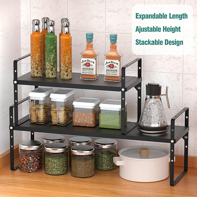SUZLON Expandable Cabinet Shelf Organizer Rack, Stackable Kitchen Counter Storage Shelves Stand, Adjustable Height Pantry Shelf Spice Rack, Heavy Duty Nonslip Black Large 2Pack