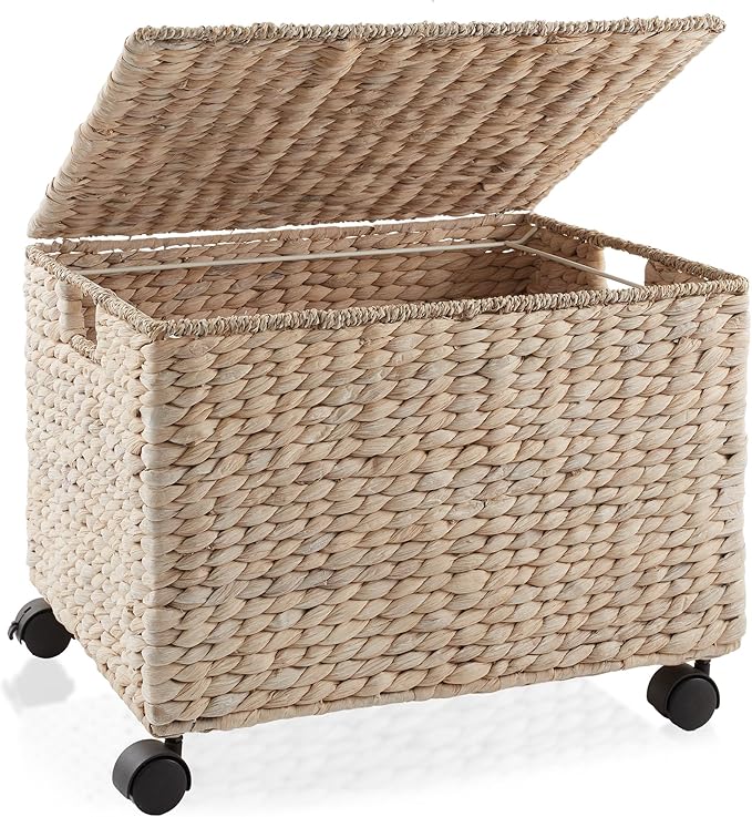 Casafield Rolling Filing Cabinet, Whitewash - Water Hyacinth File Organizer with Lid and Locking Wheels, Home Office Storage for Hanging Folders