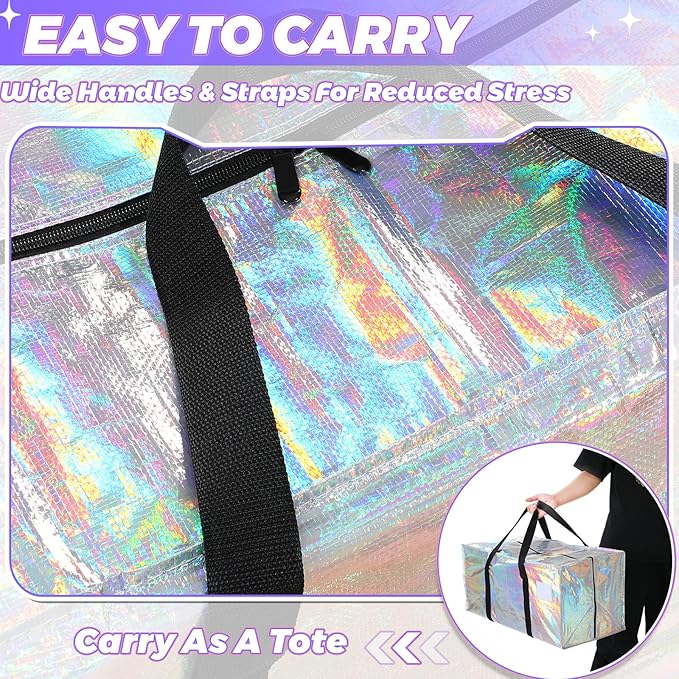 4 Pcs 24 Gallon Extra Large Moving Bags Heavy Duty Storage Bag with Strong Zipper Handle Foldable XXL Jumbo Storage Tote Packing Moving Box for College Dorm Travel Cloth Duffle (Iridescent)