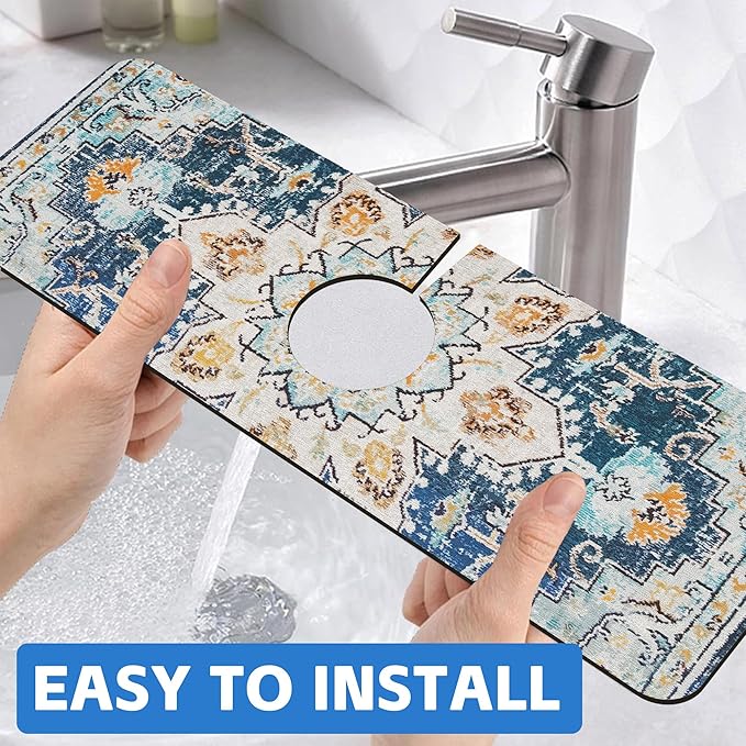 Oriental Blue Turkish Carpet Pattern Sink Faucet Absorbing Mat Sink Splash Guard Faucet Mat Draining Mat Fast Drying Sink Protectors for Kitchen and Bathroom 5.5"×15"