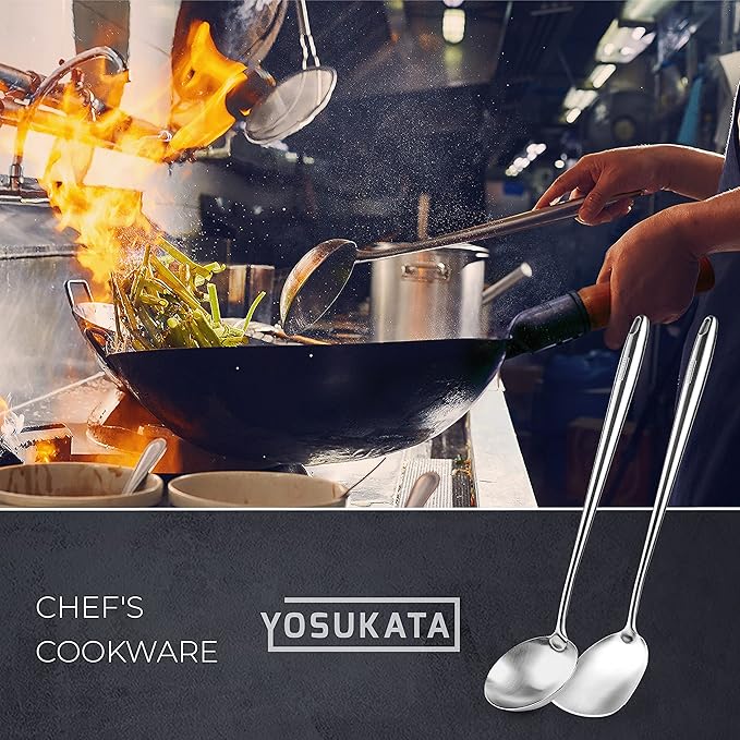 YOSUKATA Flat Bottom Wok Pan - 13.5" Blue Carbon Steel Wok + 17’’ Spatula and Ladle - Set of 2 Heat-Resistant Tools + Wok Lid 12.8 Inch