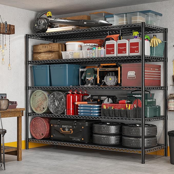 REIBII 85.7"H Garage Shelving 2998LBS Storage Shelves with Wheels&Feet,5 Tier Garage Shelves Heavy Duty Adjustable Wire Shelving for Basement Commercial Industrial Pantry, 85.7"H X 55.5"W X 24.2"D