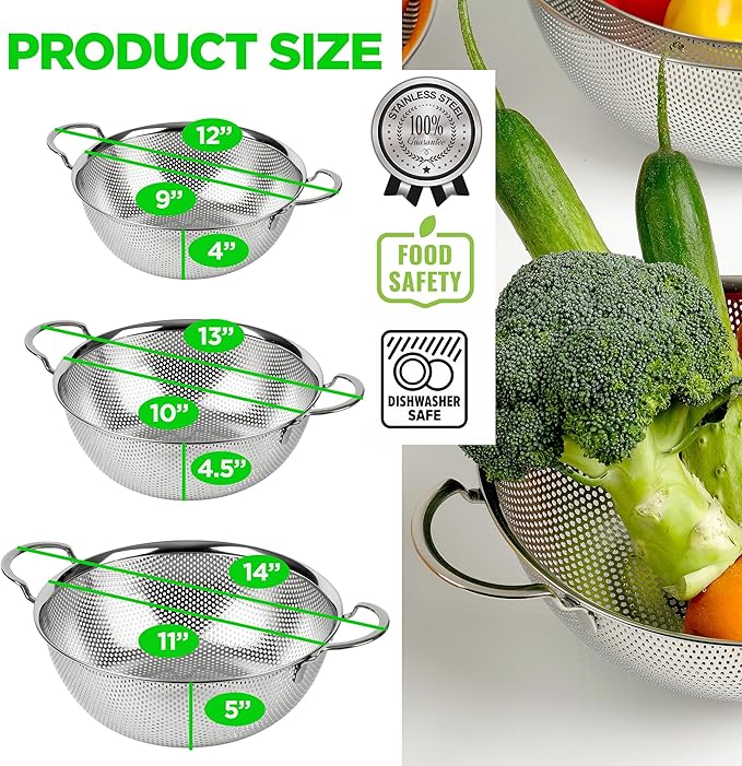 COMPORT K Premium 18/8 304 Stainless Steel Strainer Set of 3 with Handles, Micro-Perforated Colanders, 4-6-8 Quart Set, Self-Draining Solid Base for Pasta, Fruits, Vegetables, Made in Korea