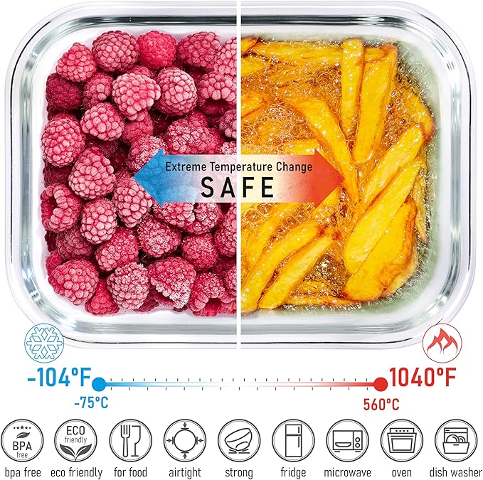 dokaworld Glass Tupperware Set with Acacia Lids - 4 Stackable Meal Prep Containers. Durable heat resistant Inert Borosilicate Glass