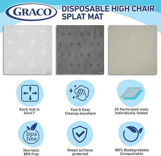 Graco Baby Disposable Splat Mats, 30 Sheets with Assorted Designs, 47" x 40", Eco-Friendly Floor Protector for Mealtime, Home & Restaurant Use