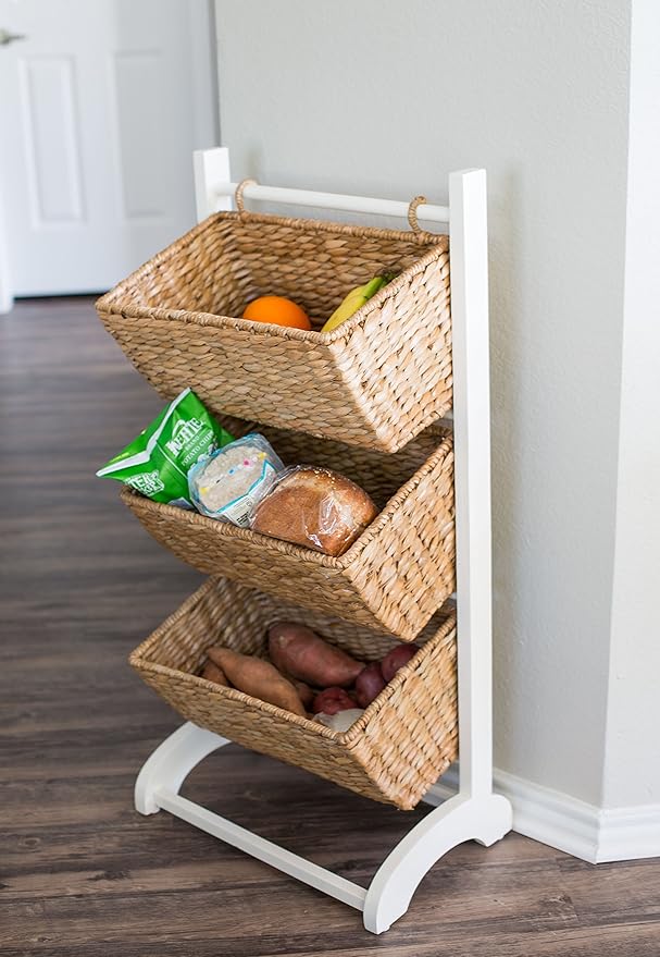 BIRDROCK HOME 3 Tier Abaca Storage Cubby (Natural) - 3 Baskets Made of Durable Seagrass Fiber - Solid Wood Frame - Child Pet Dog Toy Food Storage Organizer Shelf - Kitchen Vertical Rack Unit Stand