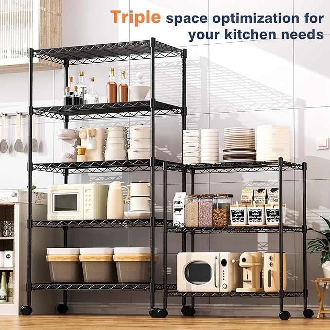 3-Tier Wire Shelf Rack,24" Dx14 Wx 30" H,Wire Metal Shelving with Lockable Wheels,Height Adjustable Storage Standing Shelves for Kitchen,Living Room,Laundry,Office,Pantry,Studio,Black