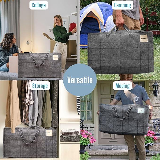 VENO 10 Pack Moving and Storage Bags, Heavy Duty, Alternative to Moving Boxes, Large Packing Totes Supplies for College Dorm Room with Zipper for Clothes, Wide Open Design (Windowpane, 10 Pack)