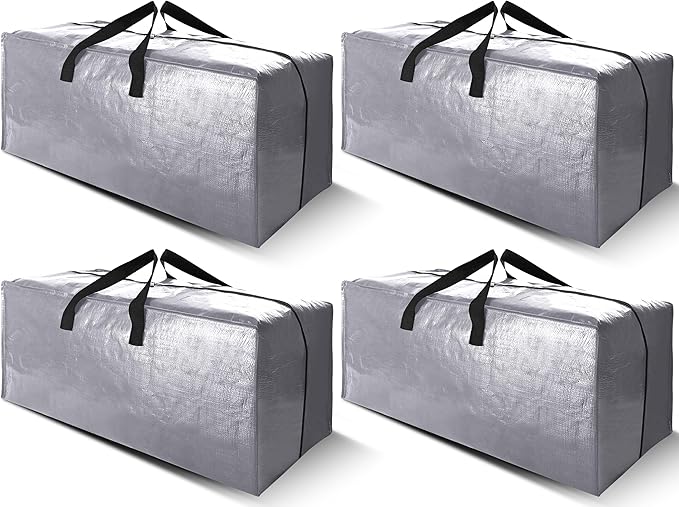 Cosy Family 4 Pack Heavy Duty Extra Large Moving Bags with Backpack Straps - Strong Handles & Zippers, Storage Totes For Space Saving, Fold Flat, Alternative to Moving Box (X-Large-Set of 4, Silver)