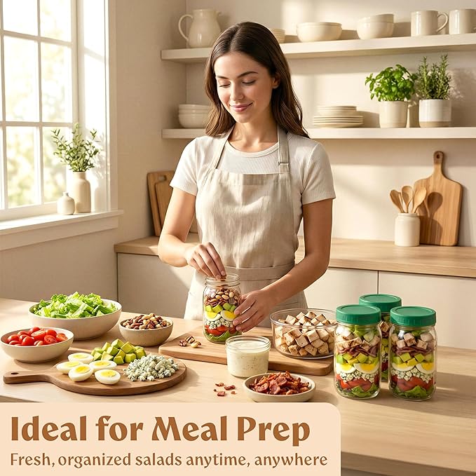 4 Pack Glass Salad Jars with Lids for Meal Prep, Leakproof Container with Two Small Built in Cups for Wet/Dry Separation for Salad Dressing and Ingredients, 32oz Mason Jars (Dark Green)