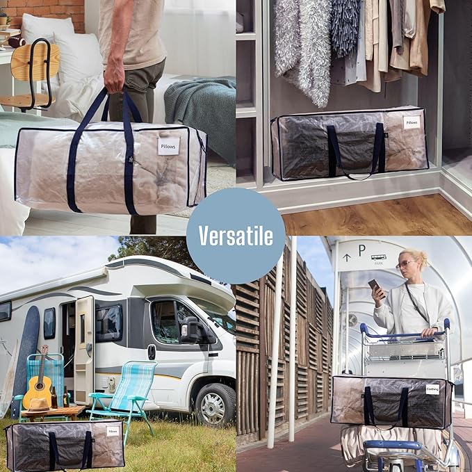 VENO 8 Pack Moving Bags, Christmas Storage Containers, Storage Bins with Lids, Reinforced Wraparound Handles, Packing Bags for Clothes, Bedding, Comforters (Clear, 8 Pack)