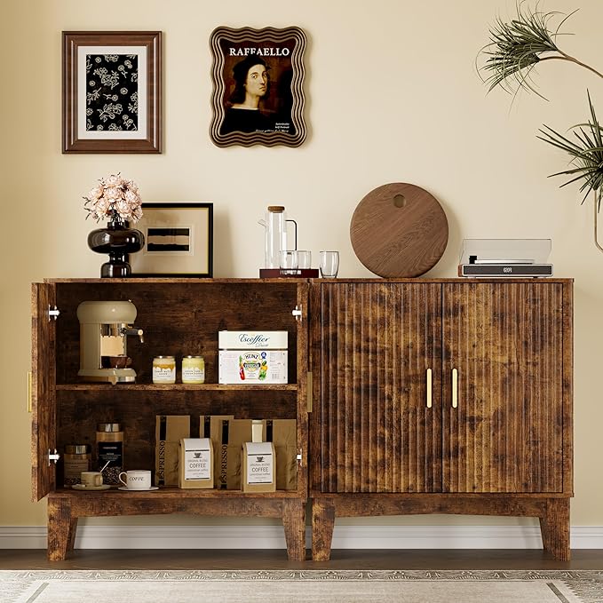 BORNOON Storage Cabinet with Doors and Adjustable Shelf, Modern Fluted Sideboard Buffet Cabinet, Freestanding Coffee Bar for Kitchen, Pantry, Entryway, Living Room (Rustic Brown)