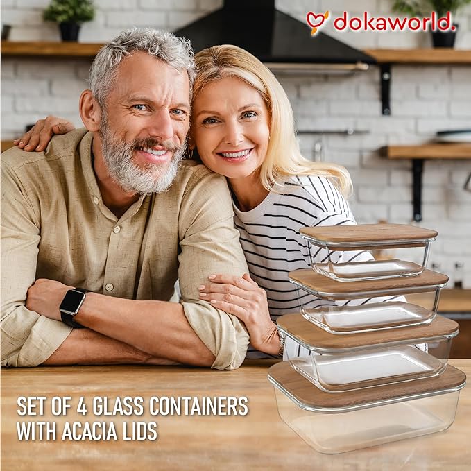 dokaworld Glass Tupperware Set with Acacia Lids - 4 Stackable Meal Prep Containers. Durable heat resistant Inert Borosilicate Glass