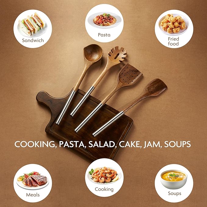 Edergoo 4 PCS Acacia Wood Cooking Utensils Set with Magnetic Hanging Handles Stainless Steel, Heat-Resistant Multi Function Cooking Tools