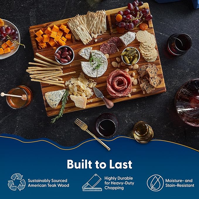 Sonder Los Angeles Bradbury Wood Cutting Board | Teak Edge Grain Cutting Board for Kitchen with Juice Groove & Sorting Compartments for Charcuterie | Gift Box Included | 20x15x1.5 in