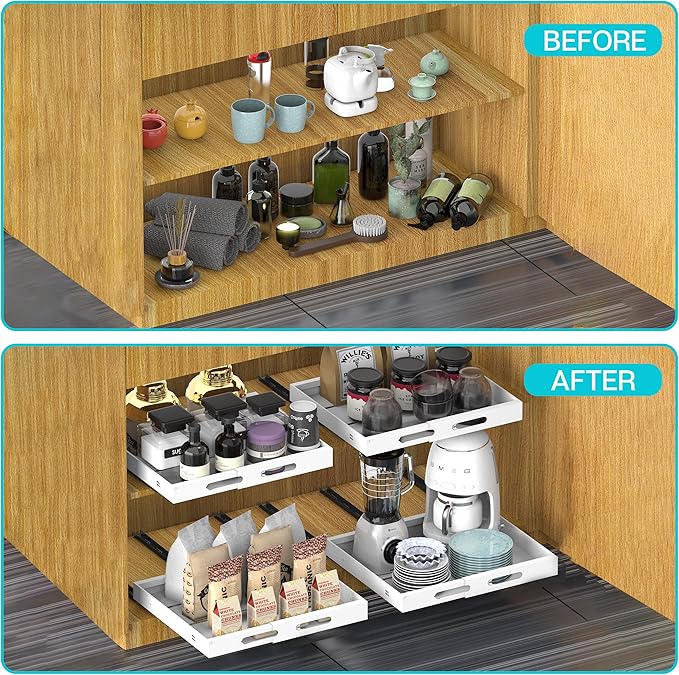 Expandable Pull Out Cabinet Organizer 17" Deep, Adhesive Pull Out Drawers For Cabinets 13.4"W - 19.7"W，No Drill Pull Out Cabinet Organizer Expandable, Expandablet Drawer For Kitchen, Pantry, Bathroom