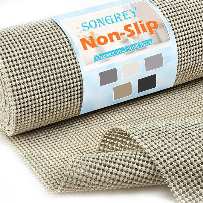 Songrey Non-Adhesive Drawer and Shelf Liner, Non Slip Cabinet Liners, Protect Kitchen Cupboard, Bathroom Drawers, Breathable, Thick Strong Grip mat (23.6IN x 20FT, Beige)