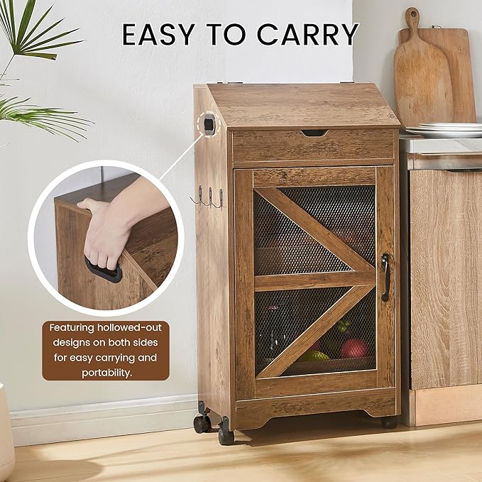 Potato Storage Bin, Large Movable Bread Box with Lid, 3 Tier Vegetable Organizer Cabinets, Decorative Fruit and Vegetable Box for Kitchen (Walnut)