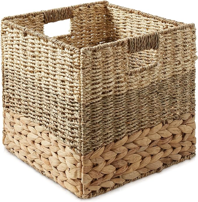 Casafield 12" x 12" Mixed Weave Storage Baskets, Natural - Set of 4 Woven Hyacinth Seagrass Wicker Storage Cube Bins for Bathroom, Bedroom, Laundry, Pantry, Shelves