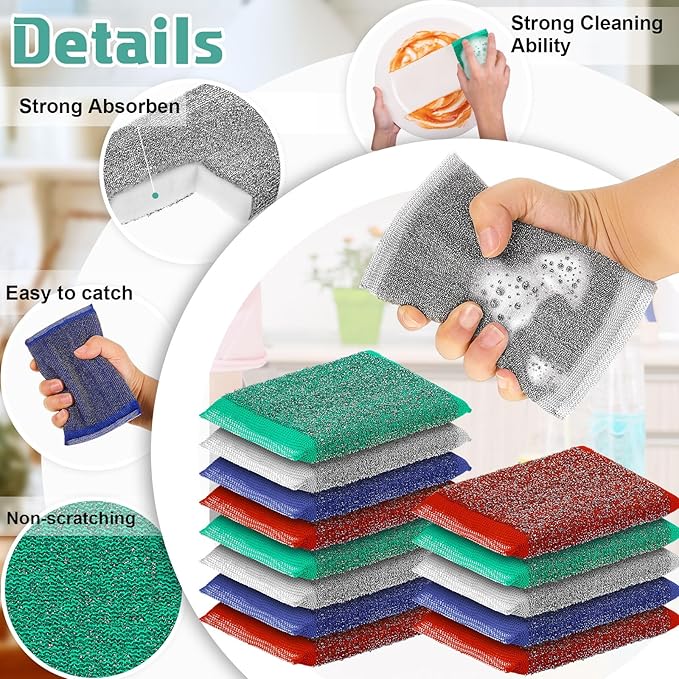 Thyle 24 Pack Steel Scrub Sponges for Dishes Non Scratch Scouring Sponge Multi Use Metal Scrubber Heavy Duty Dish Wash Kitchen Sponge for Pot Dish Washing Hard Surface Cleaning Tools (Multicolored)