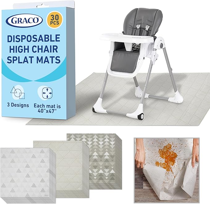 Graco Baby Disposable Splat Mats, 30 Sheets with Assorted Designs, 47" x 40", Eco-Friendly Floor Protector for Mealtime, Home & Restaurant Use