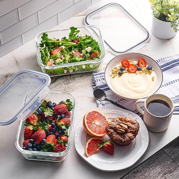 4pc Set - 8 Cup / 64oz Large Glass Food Storage Containers with Lids Airtight Meal Prep Container with Lid Lock - Freezer Microwave & Oven Safe Clear Lunch Bowl Stackable Baking Pantry Organizer