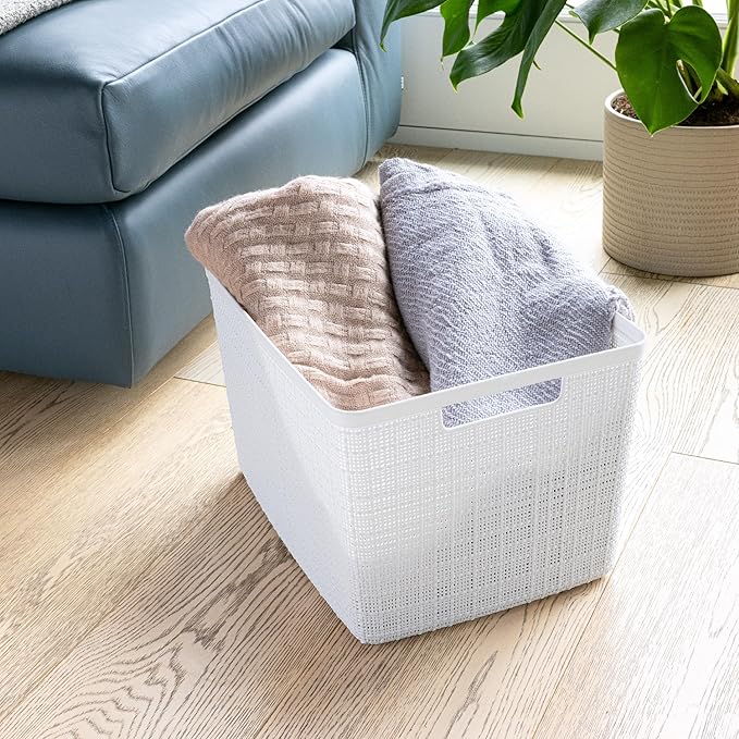 Curver Set of 4 Large 20L Jute Decorative Plastic Organization and Storage Baskets - Perfect Bins for Home Office, Closet Shelves, Kitchen Pantry and All Bedroom Essentials, White