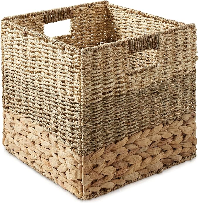 Casafield 10.5" x 10.5" Mixed Weave Storage Baskets, Natural - Set of 4 Woven Hyacinth Seagrass Wicker Storage Cube Bins for Bathroom, Bedroom, Laundry, Pantry, Shelves