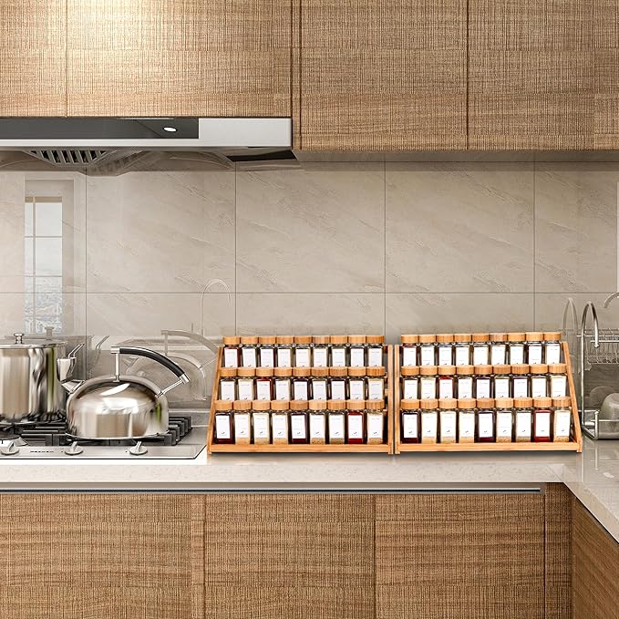 MNADSFKJ Spice Rack, Spice Organizer -3 Tier Bamboo Spice Racks, Solution for Spice Storage in Kitchens, Countertops，Storage Rooms and Other Places
