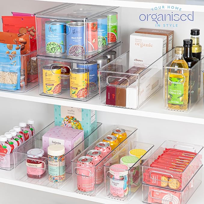 primebox Plastic Food Storage 6 Pack Clear Container Bin with Handles for Organizing Kitchen, Pantry, Refrigerator, Freezer, Pantry, Cabinet, Closet, Bathroom. 16”x6”x5”