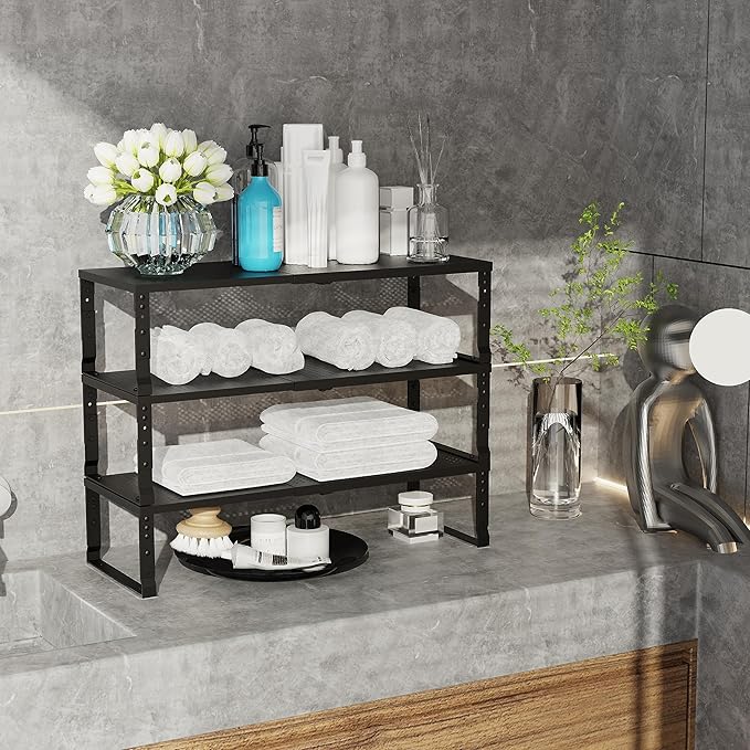 Jojocross Expandable Adjustable Stackable Kitchen Organizer, Spice Rack,Metal Pantry Storage Shelves Racks,Counter Shelf for Cabinets, Countertop, Cupboard(2 Packs/Medium/Black)