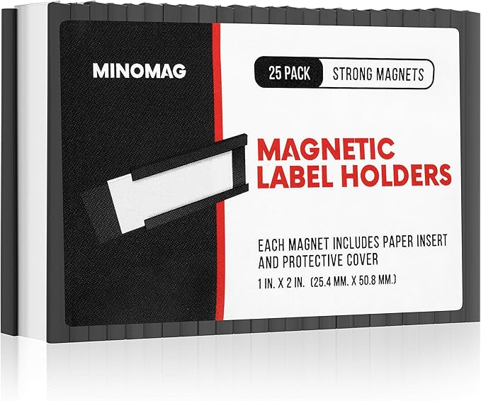 25pcs Magnetic Tool Box Labels 1x2 inches | C Channel Magnetic Label Holders for File Cabinet, Breaker Box, Metal Shelf, Locker, Toolbox Drawer
