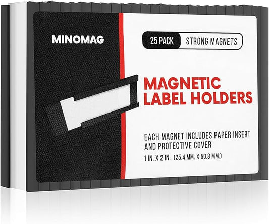 25pcs Magnetic Tool Box Labels 1x2 inches | C Channel Magnetic Label Holders for File Cabinet, Breaker Box, Metal Shelf, Locker, Toolbox Drawer