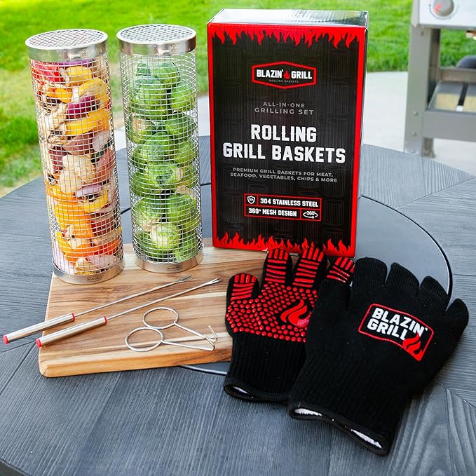 Blazin' Grill Rolling Grill Basket | Rolling Grilling Baskets for Outdoor Grilling 2 Pcs | Barbecue Grill Set with BBQ Gloves | Portable Camping Net Rack Perfect for Vegetables, Seafood & Meat