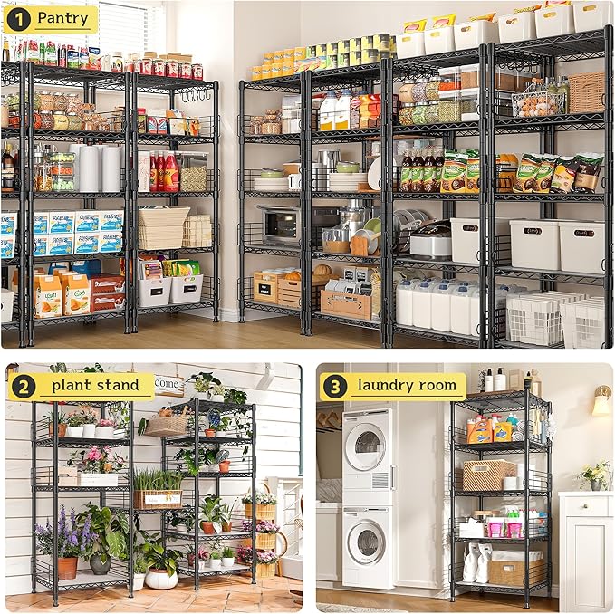 5 Tier Metal Shelving Unit Storage Shelves With Shelf Linker,Adjustable Pantry Shelves Wire Shelving with Hooks,Metal Shelf with Side Blockers for Kitchen,Closet,Office,Laundry,18.1''Wx18.1''Dx59''H