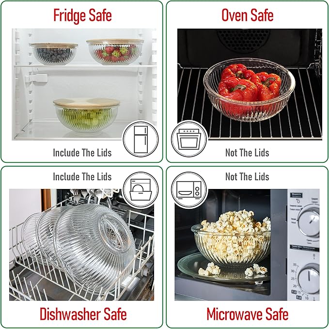 dokaworld Stackable Space-Saving Nesting Set of 3 Glass Bowls with Bamboo Lids for Foodprep, Storage, Mixing & Cooking - Microwave & Oven Safe BPA Free Durable Heat Resistant Inert Borosilicate Glass