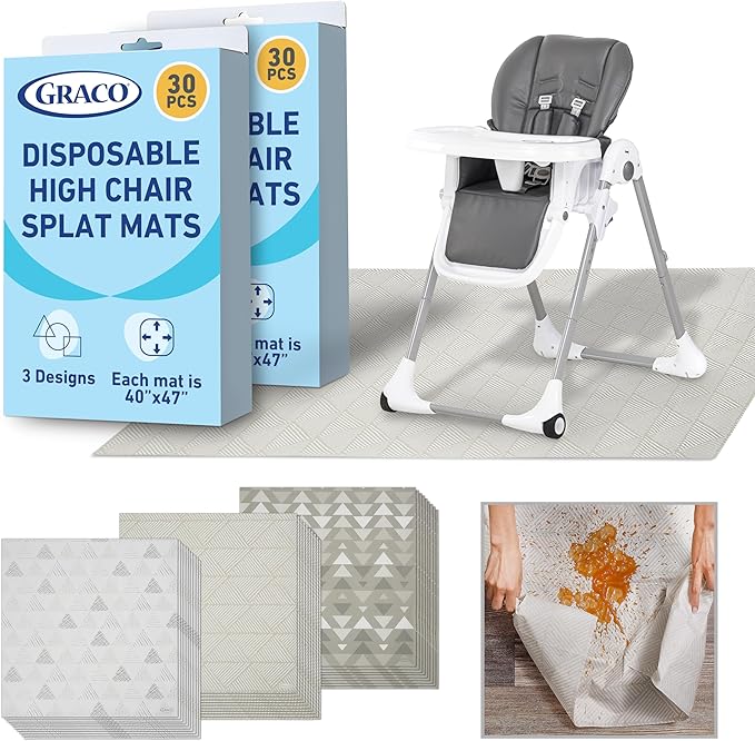 Graco Baby Disposable Splat Mats – 60 Count, 47" x 40", Biodegradable Floor Protector for Mealtime, Under High Chair, Home & Restaurant Use, Port Design