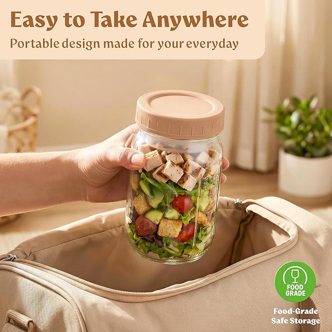 4 Pack Glass Salad Jars with Lids for Meal Prep, Leakproof Container with Two Small Built in Cups for Wet/Dry Separation for Salad Dressing and Ingredients, 32oz Mason Jars (Brown/Beige)