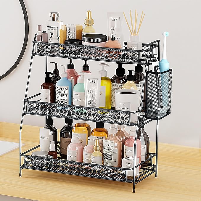 SILUB Vintage 3 Tier Spice Rack Organizer for Kitchen Counter, Bathroom Counter Organizer with Bonus Basket, 3 Tier Bathroom Counter Organizer for Spices Makeup Perfumes, Retro Countertop Organizer