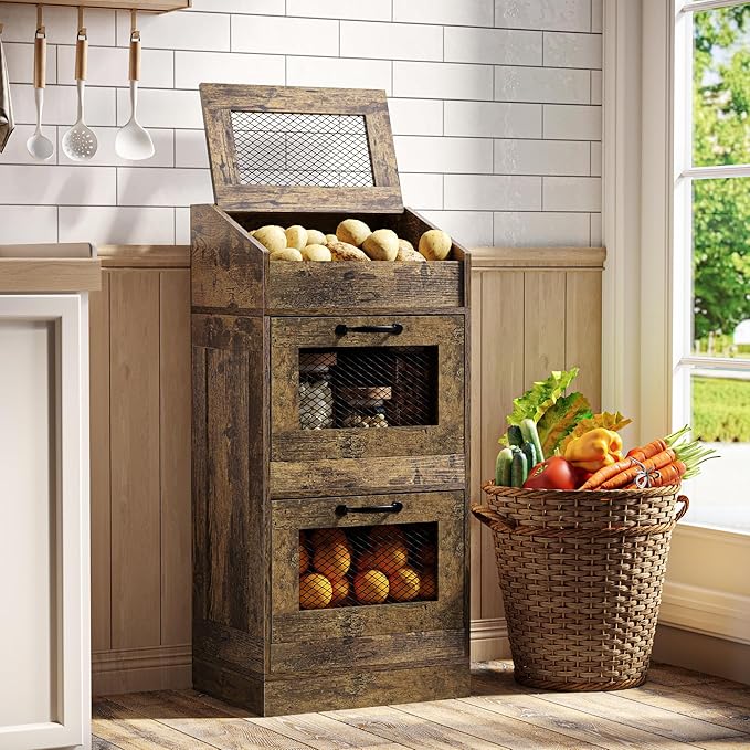 Potato Storage Bin with Lid, Rustic Wooden Onion Storage Bin, Bread Box for Kitchen, Kitchen Decorative Vegetable Storage Cabinet, Rustic Brown HPC001SR