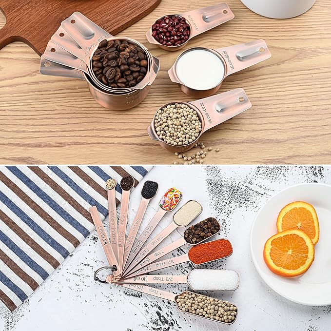 zoyizi Copper Measuring Cups and Spoons Set 17, 7 Stainless Steel Measuring Cups&9 Long Hanlde Narrow Measuring Spoons for Spice Jar&Leveler, Kitchen Metric&US Measure Cup Spoons for Dry and Liquid