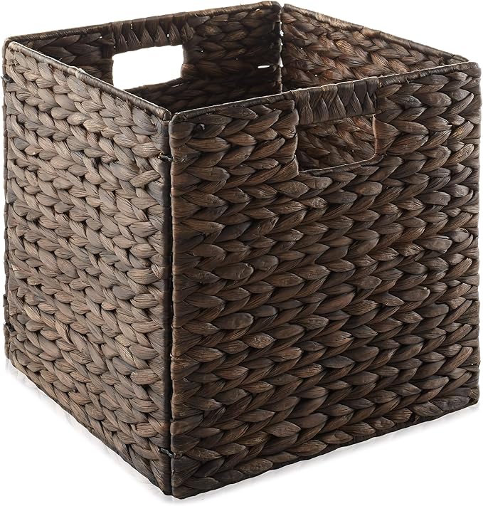 Casafield 13" x 13" Water Hyacinth Storage Baskets, Espresso - Set of 2 Collapsible Cube Organizers, Woven Bins for Bathroom, Bedroom, Laundry, Pantry, Shelves