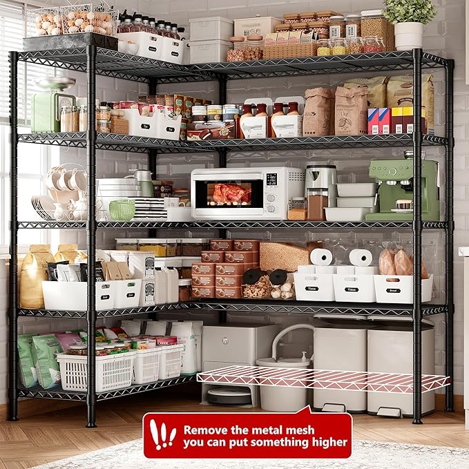 REIBII 72.8" W Storage Shelves Load 1600LBS, 5 Tier Metal Shelving Unit Garage Shelving for Adjustable Storage Rack Heavy Duty Metal Shelves for Basement Pantry Kitchen, 17.7" D x 72.8" W x 70.9" H