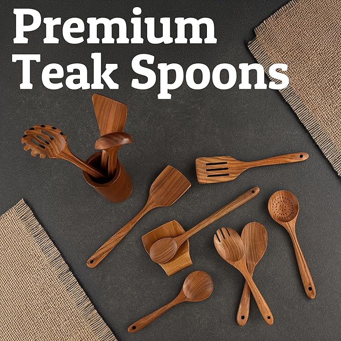 PriorityChef Premium Wooden Spoons for Cooking - 8pc Smooth Finish Teak Utensil Set with Hanging Hooks, Heat-Resistant & Nonstick Safe, Ideal for Gifting