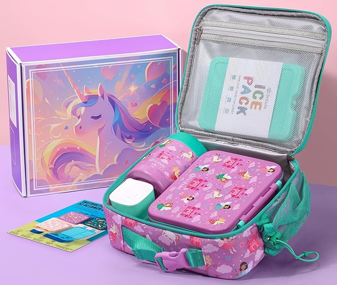Fimibuke Bento Lunch Box for Kids with Food Jar, 32OZ Snack Lunch Container with 3 Compartments, Insulated Lunch Bag, 12OZ Leakproof Food Jar, Ice Pack Set for Age 3-12 Toddler Teen Girls Boys Daycare