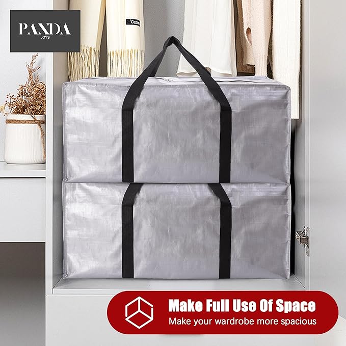 Extra Large Moving Bags with Zippers & Carrying Handles, Heavy-Duty Storage Tote for Space Saving Moving Storage, Fold Flat, Alternative to Box and Bin - 12 Pack, Silver