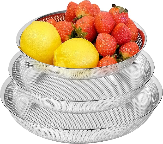 COMPORT K Premium 18/8 304 Stainless Steel Small Colander Set of 3, Comfortable Tray, Micro-Perforated Shallow Colanders 2-3-4 Quart Set, Self-Draining Solid Base for Pasta, Fruits, Vegetables