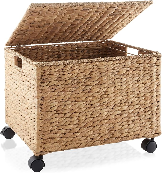 Casafield Rolling Filing Cabinet, Natural - Water Hyacinth File Organizer with Lid and Locking Wheels, Home Office Storage for Hanging Folders