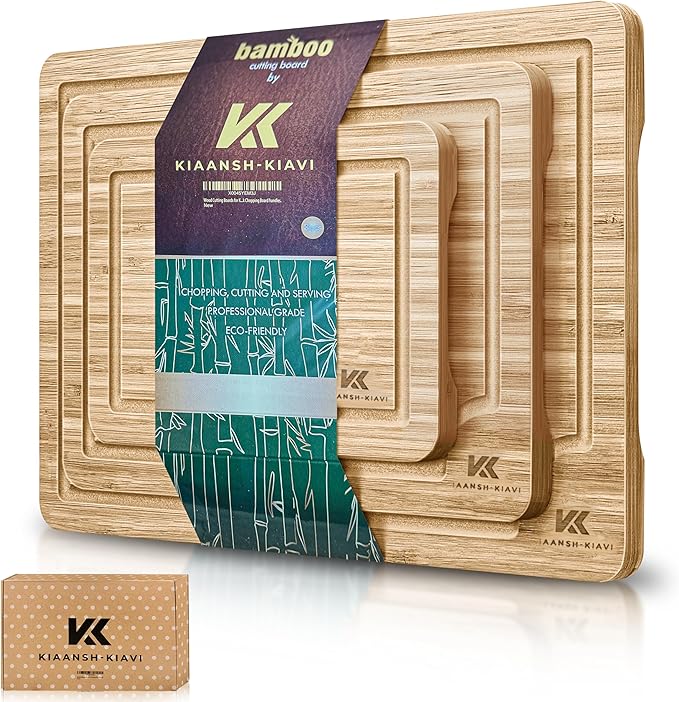 Kiaansh-Kiavi Wood Cutting Boards for Kitchen-Bamboo Cutting Board Set of 3, with Juice Grooves, Thick Chopping Board handles., Large, Natural